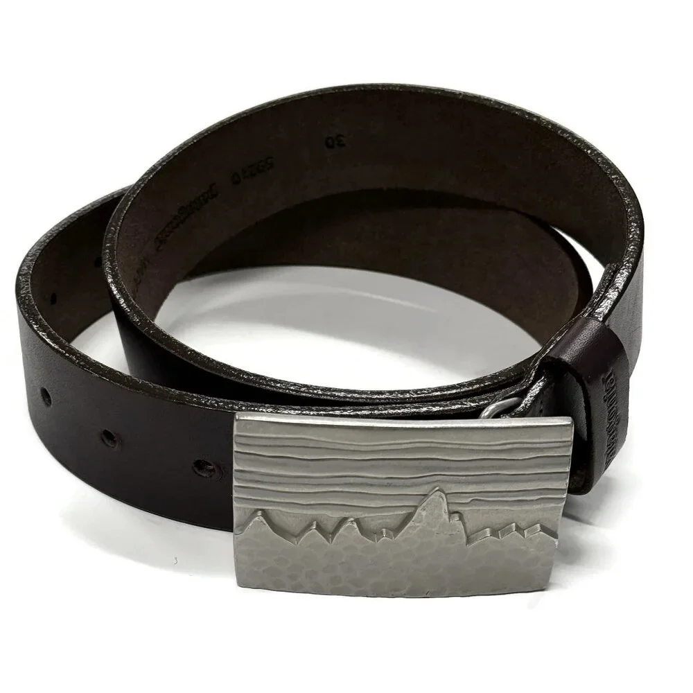 Patagonia Fitz Roy Skyline Western Metal Buckle‎ & Brown Leather Belt 30